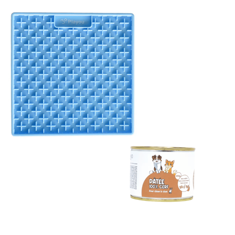 Tapis de léchage bleu + pâtée gibier 200g