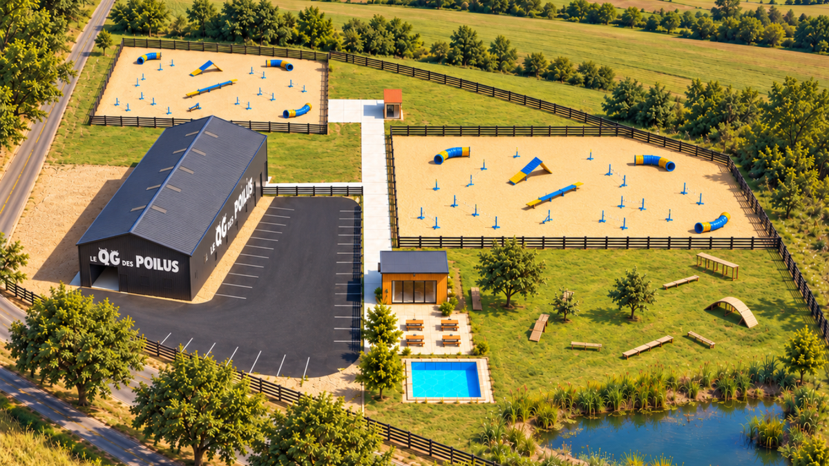 Simulation 3D du QG des Poilus vu du ciel : boutique, terrains en sable, parcours d'agility et piscine pour chiens